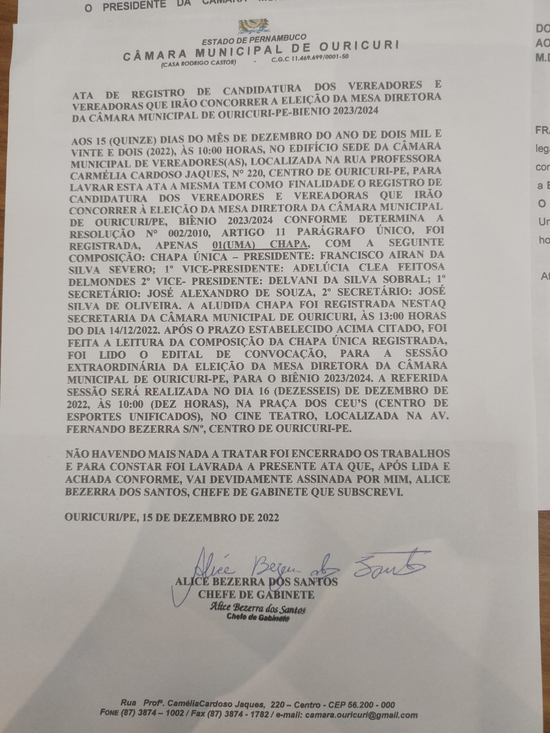 Atas de registro de candidatura de vereadores para eleição da mesa diretora da Câmara de Ouricuri biênio 2023/2024 foram registradas na manhã desta quinta dia 15