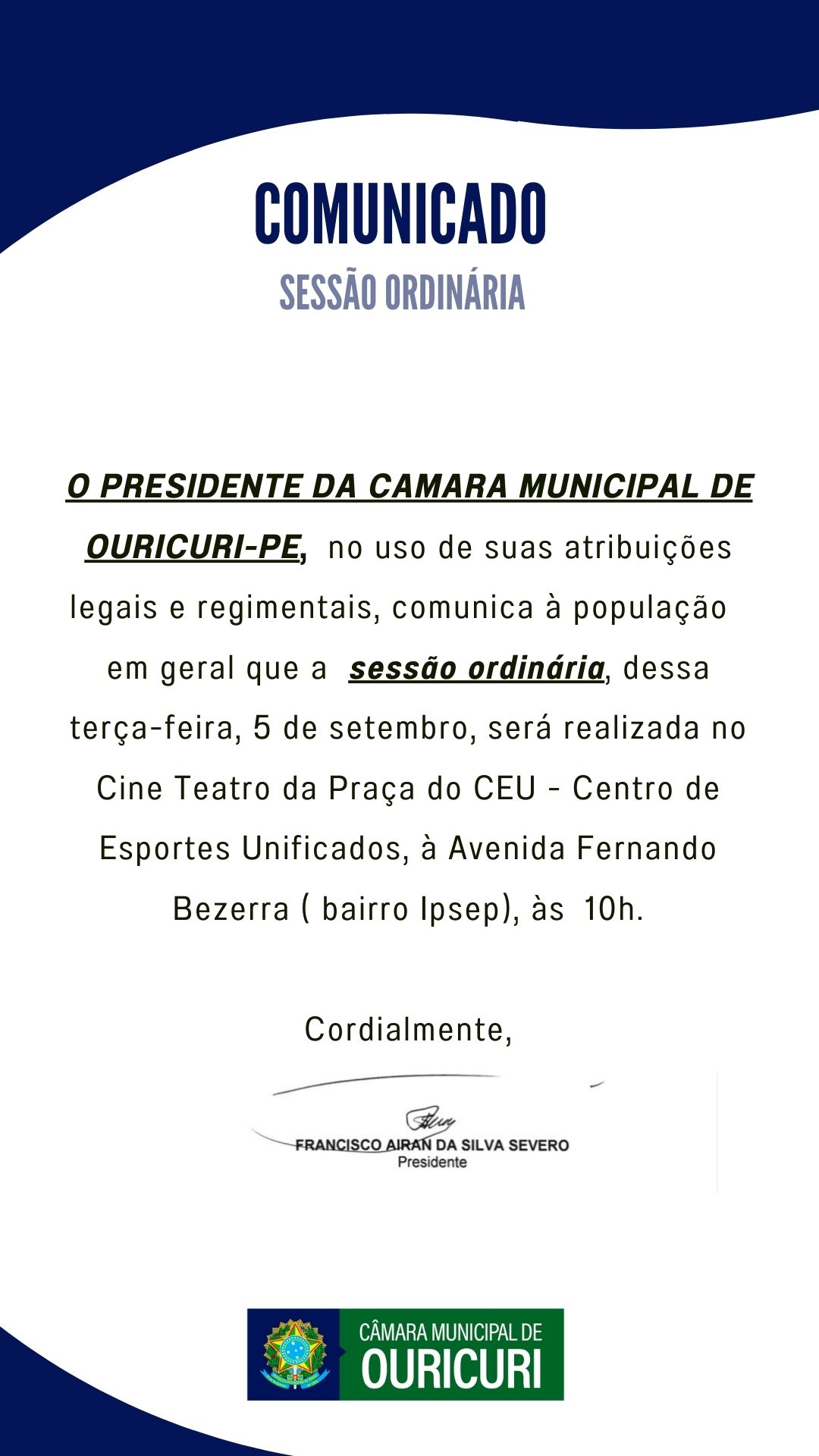 Câmara realiza sessão ordinária de 5 de setembro no Cine Teatro do CEU em Ouricuri